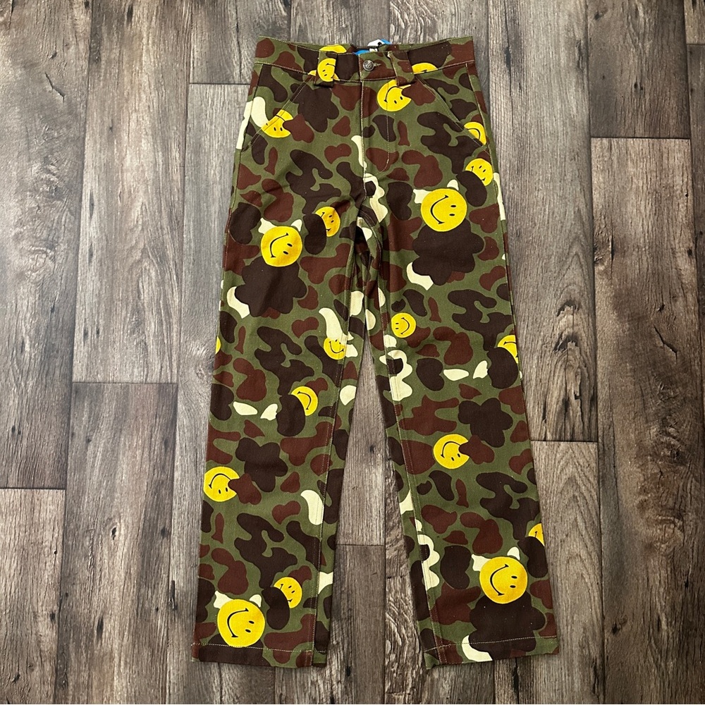 Market Smiley 100% Cotton Fashion Work Pants Men's Size 28 Camo Green Yellow